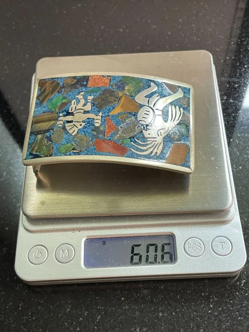 Vintage Southwestern Mosaic Stone Inlay Belt Buckle Pictorial Tribal Figures